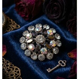 Vintage Aurora Borealis Rhinestone Brooch Silver Tone Round Marquise Pin 1.5"